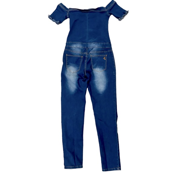 VIP Jeans Moto Stretch Jumpsuit off shoulder with side zip button size 9 - Picture 2 of 7